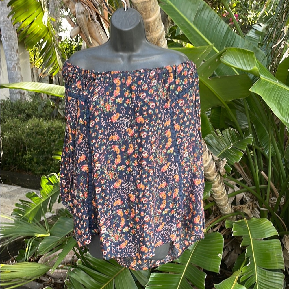 dark floral off the shoulder peasant blouse